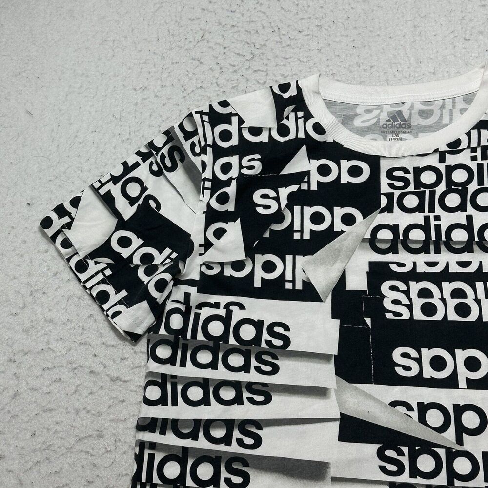 Adidas Boy's Large (14/16) Black White Logo Short Sleeve Athletic T Shirt - Picture 4 of 15